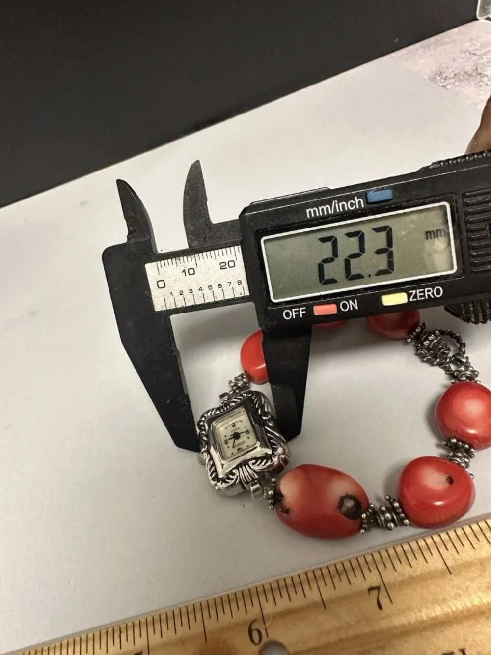 Geneva Watch Women Silver Tone Red Chunky Coral Beads Sterling Clasp Works